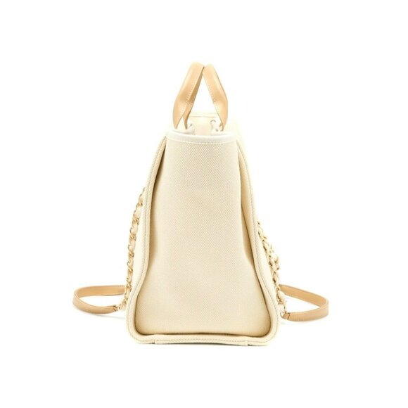 Chanel Beige Canvas & Leather Chain Tote Bag With Dual Handles & Logo Embroidery - Picture 4 of 16